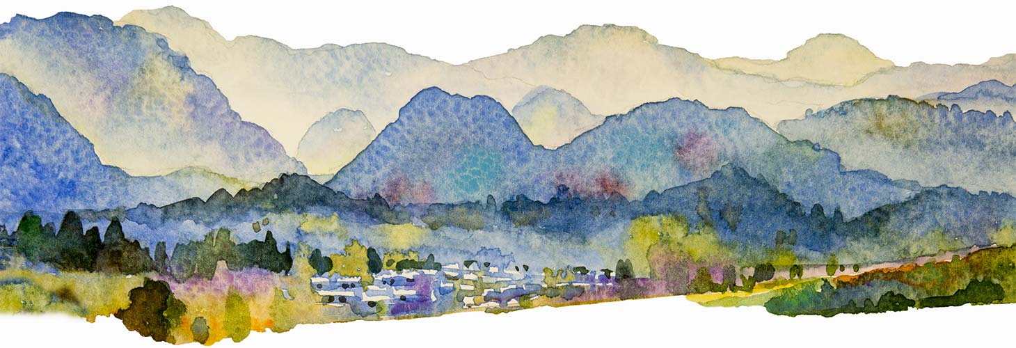 Watercolor landscape painting of mountains