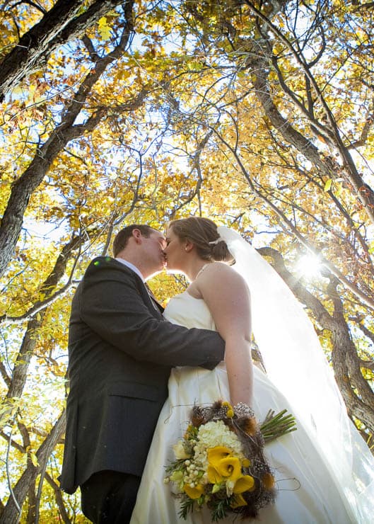 Wedding couple standing under trees with yellow leaves